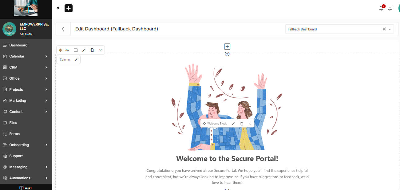 Client portal dashboard showing documents, reports, and secure messaging tools